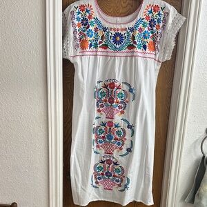 Mexican Embroidered White Dress with Multicolor Floral Design